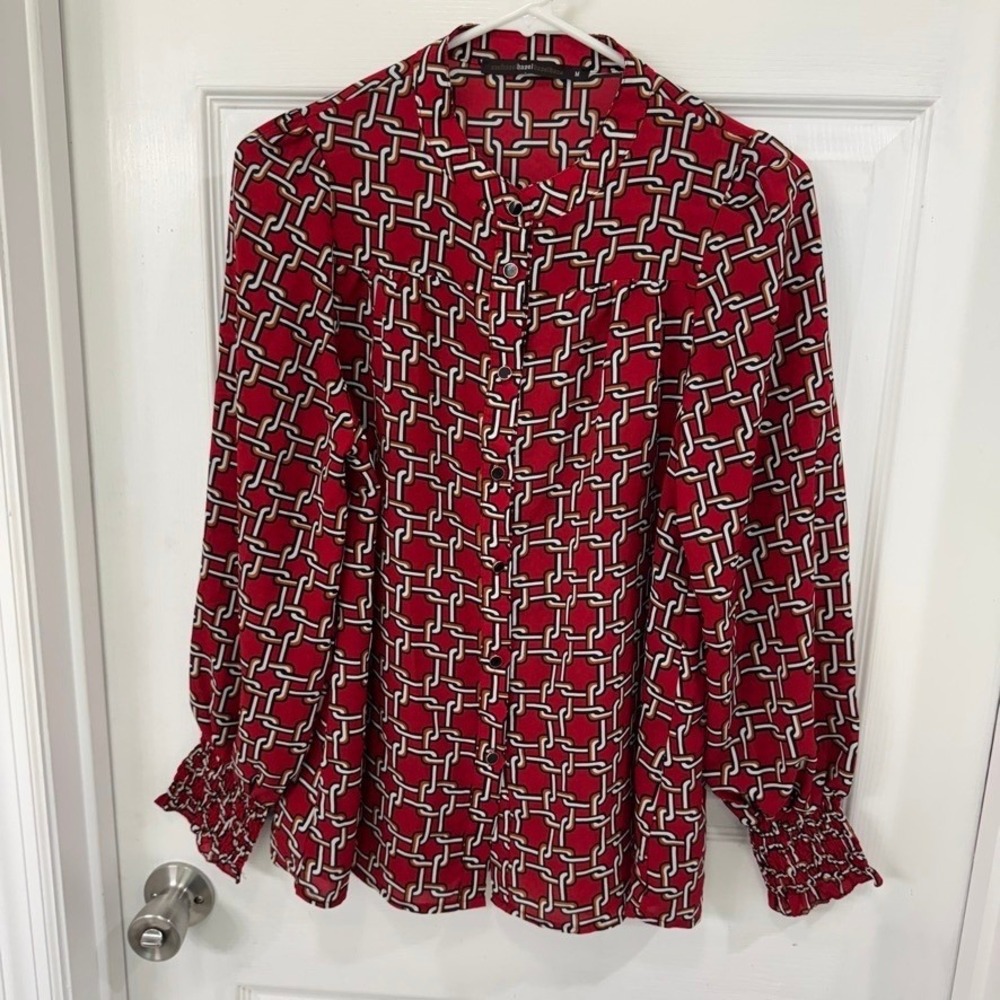 Anthropologie Azel Hazel Haze Red Chainlink Button Up Blouse Size Medium